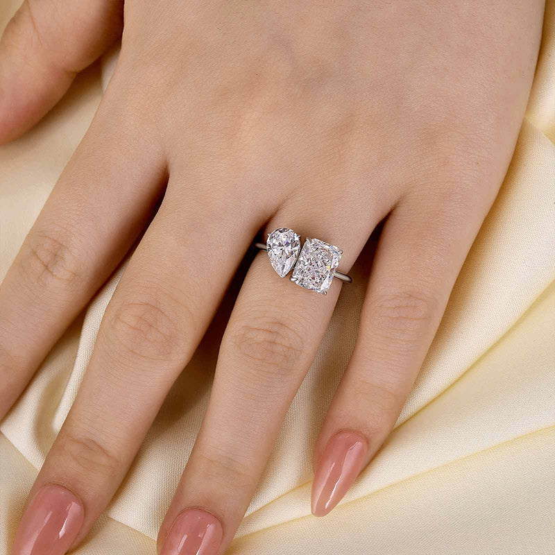 Louily Double Stones Radiant & Pear Cut Engagement Ring In Sterling Silver - louilyjewelry