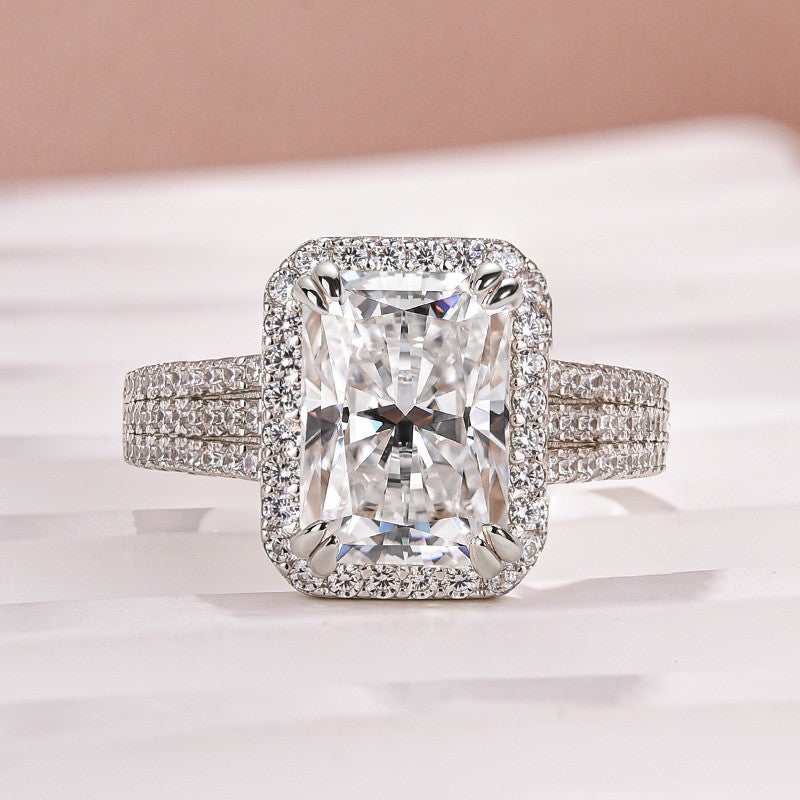 Moissanite Halo Three Shank 3.5Ct Radiant Cut White Gold Engagement Ring - louilyjewelry