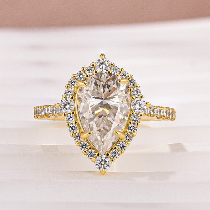 Moissanite 2.5 Ct Halo Pear Cut Yellow Gold Travel Ring - louilyjewelry