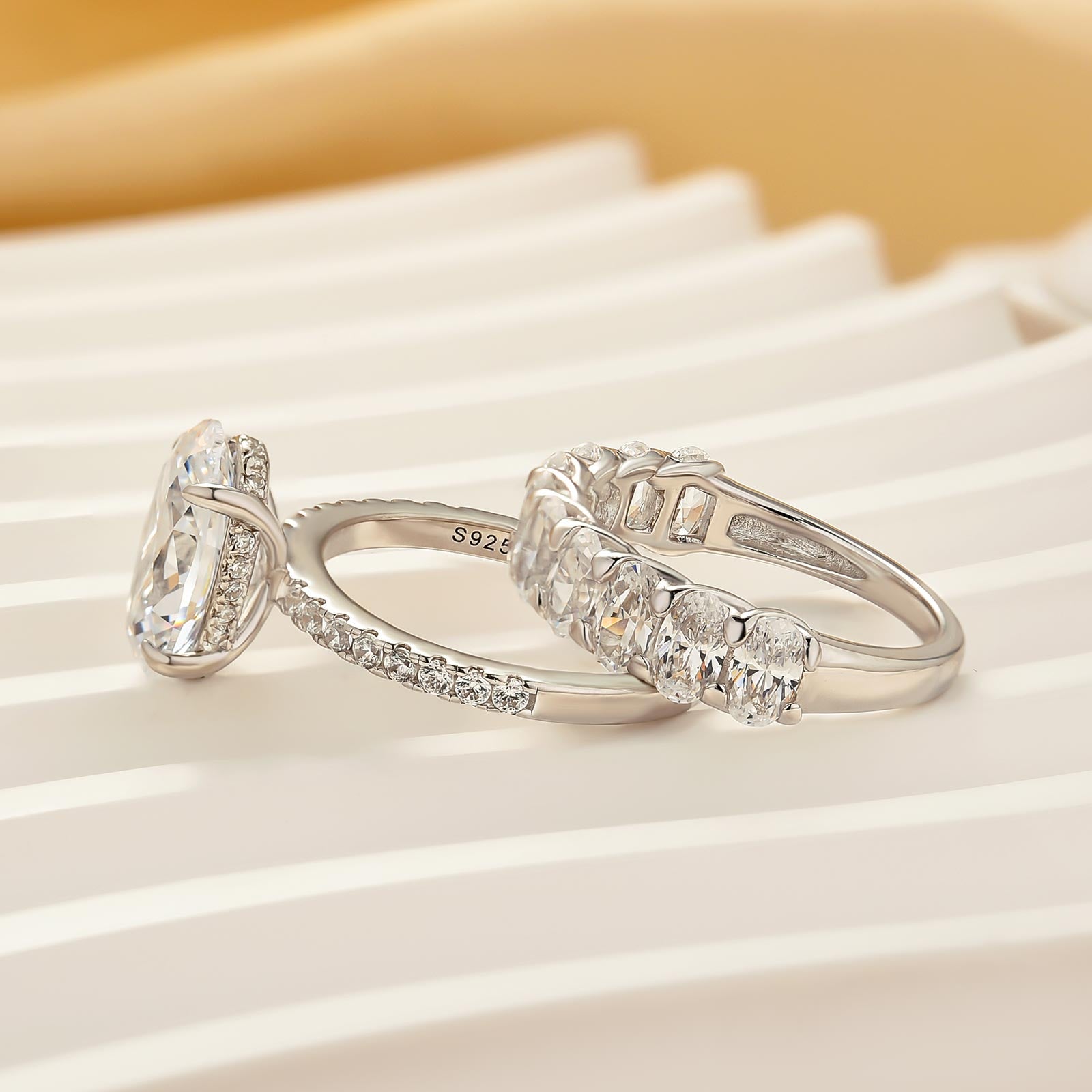 S925 2PC 4.0Ct Oval Cut White Gold Engagement Ring Set with Half Oval Cut Band - louilyjewelry