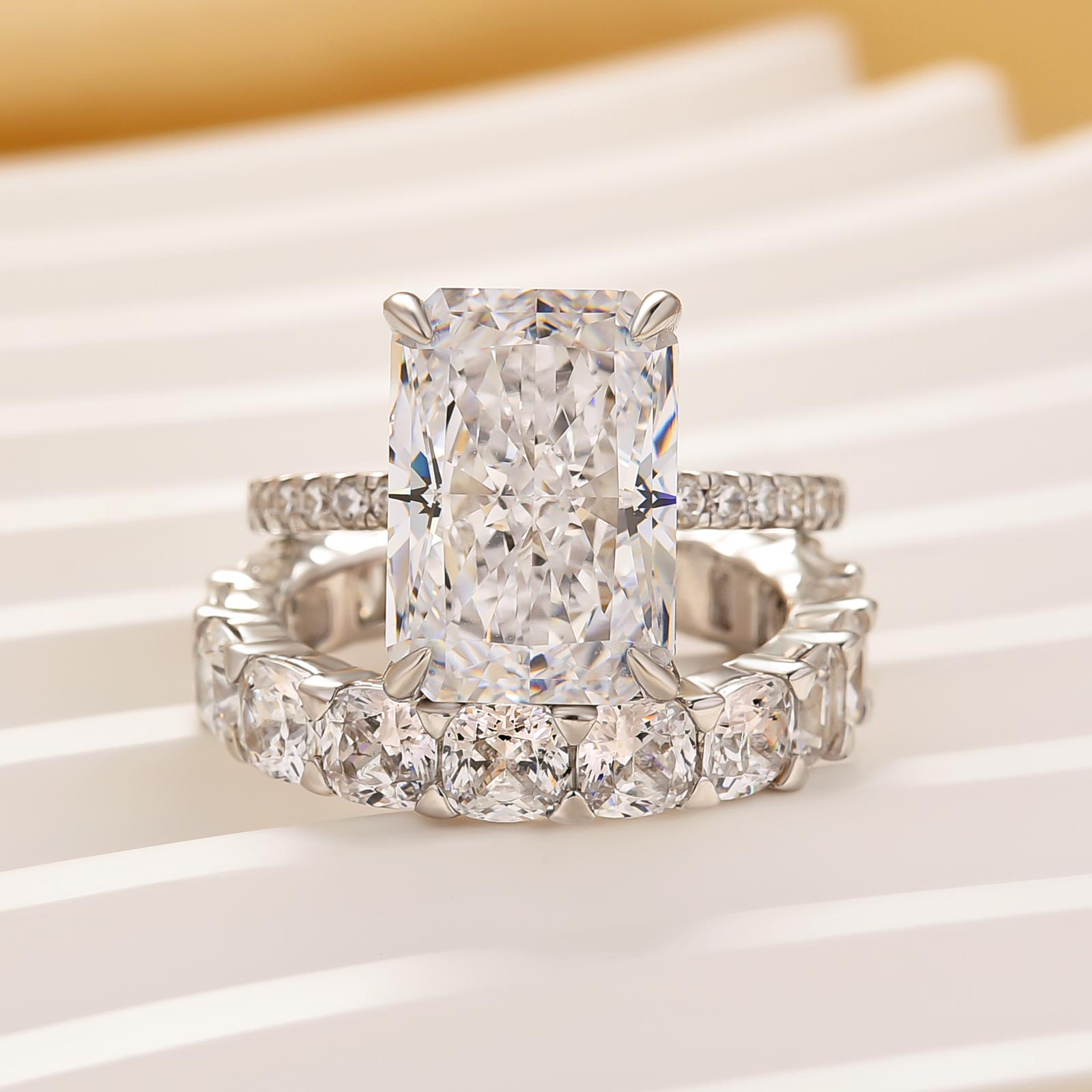 S925 2PC 7.0Ct Radiant Cut Engagement Ring with Cushion & Radiant Cut Wedding Band - louilyjewelry