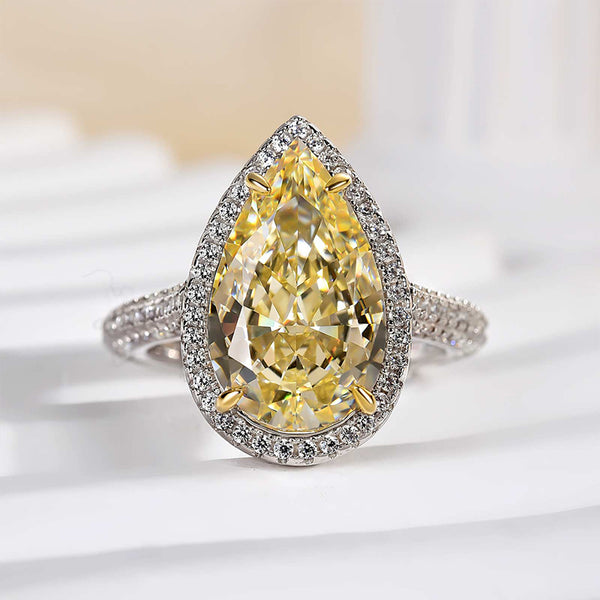 Louily Halo Pear Cut Simulated Diamond Yellow Sapphire Engagement Ring In Sterling Silver