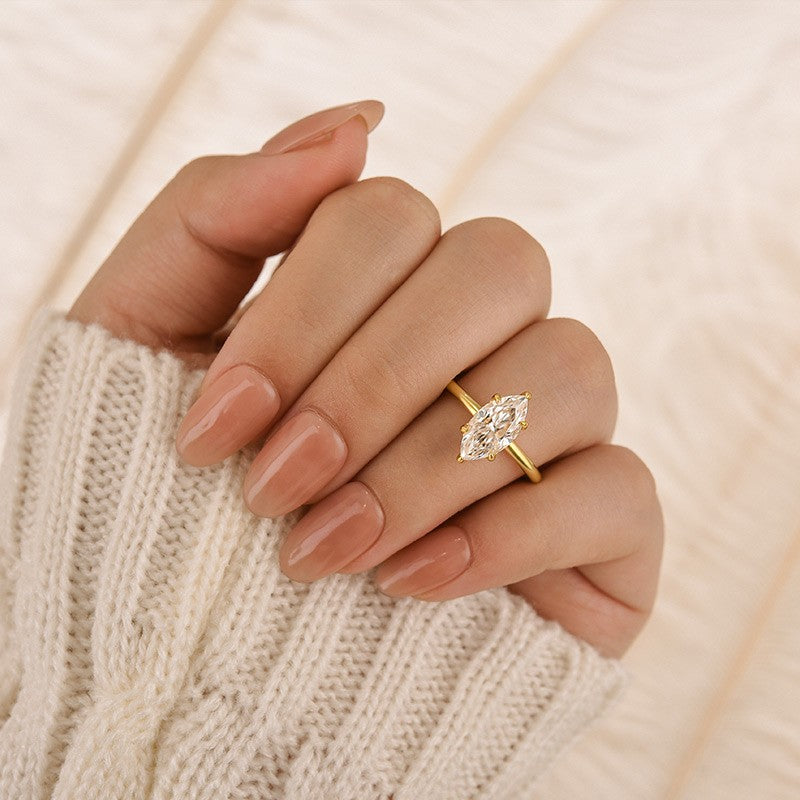 Moissanite 1.0~3.0 Ct Marquise Cut Solitaire White Gold/Yellow Gold Promise Ring For Women