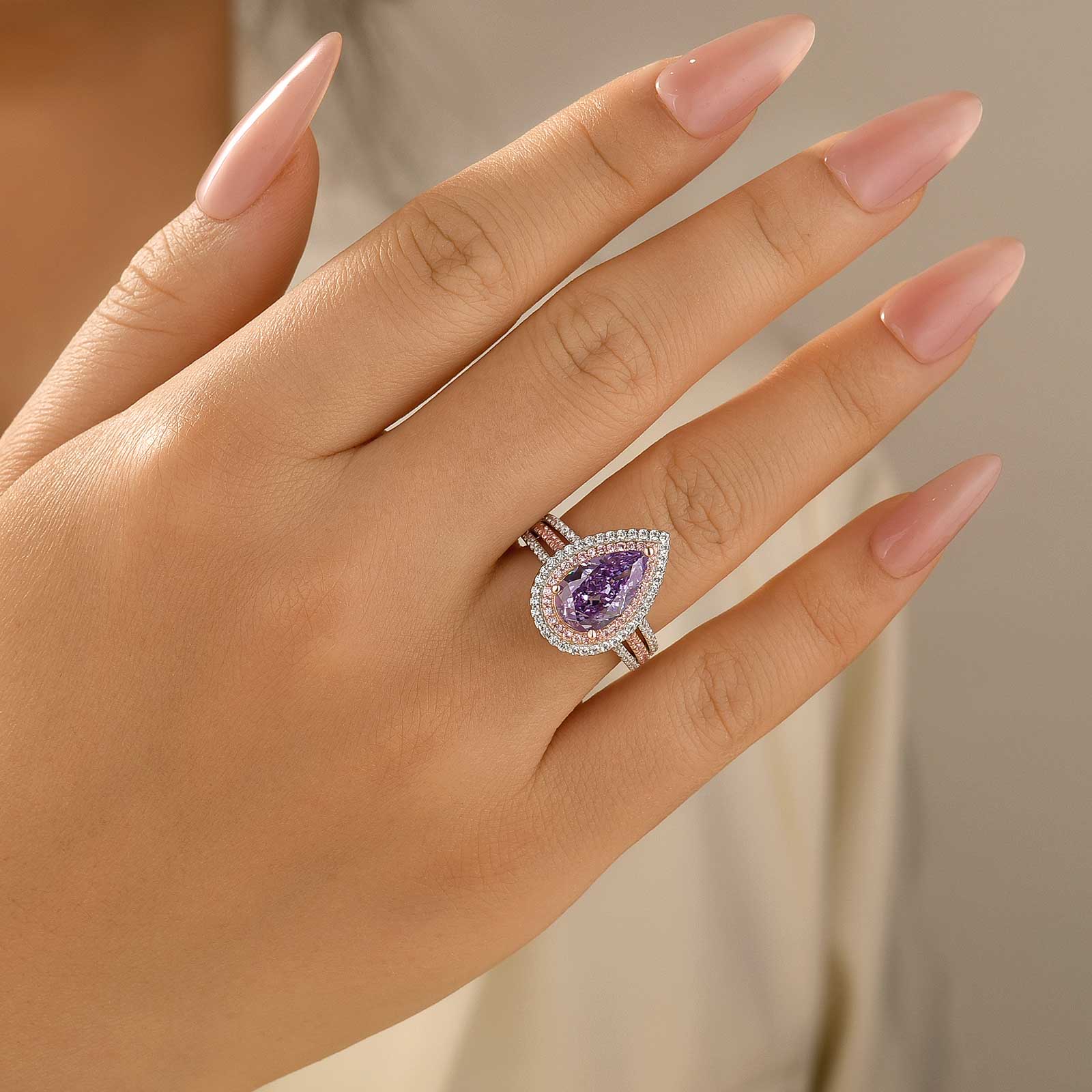 Louily Luxurious Double Halo Pear Cut Aquamarine Blue/Purple Engagement Ring In Sterling Silver - louilyjewelry