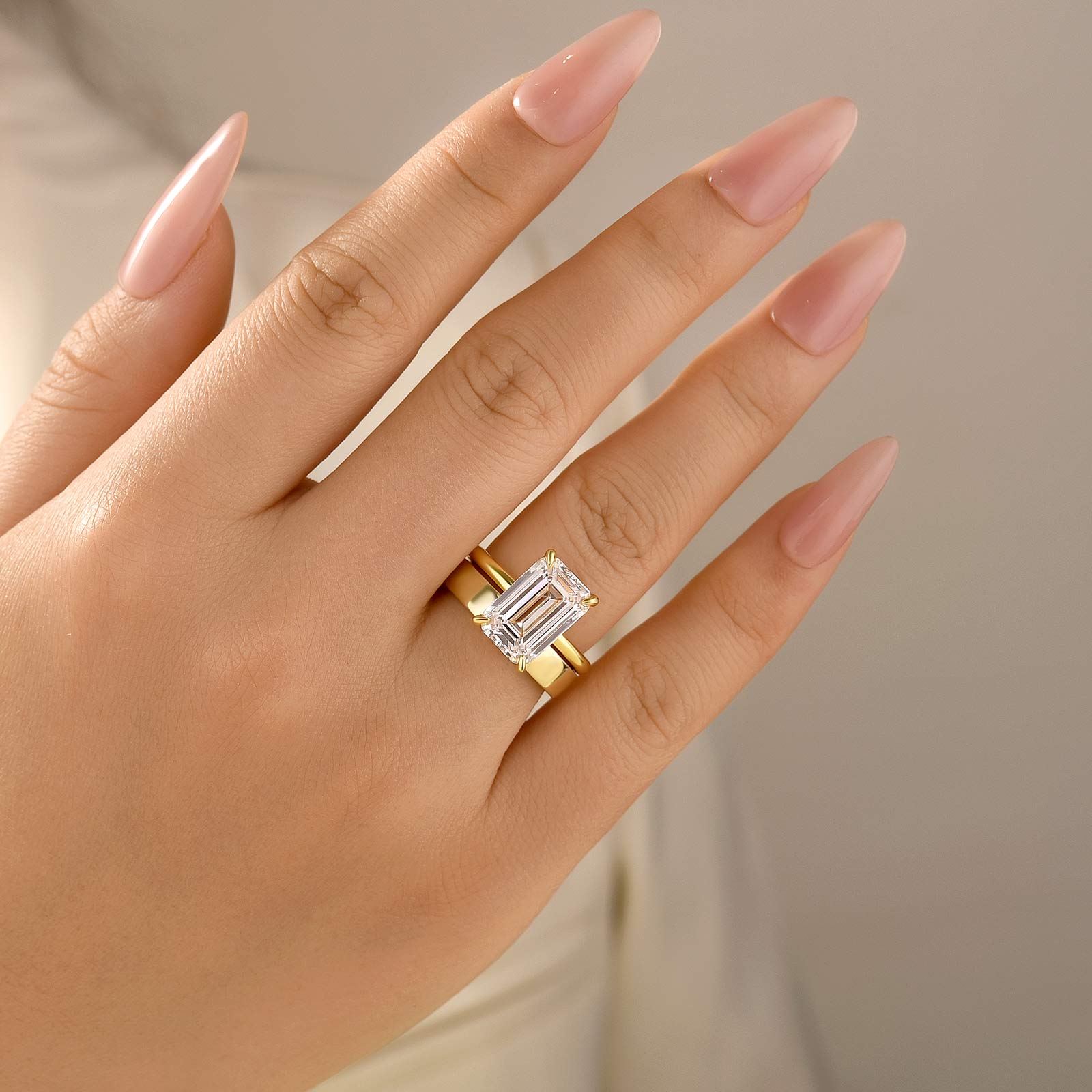 2PC 5.0Ct Solitaire Emerald Cut Classic Yellow Gold Wide Wedding Band Wedding Ring Set - louilyjewelry