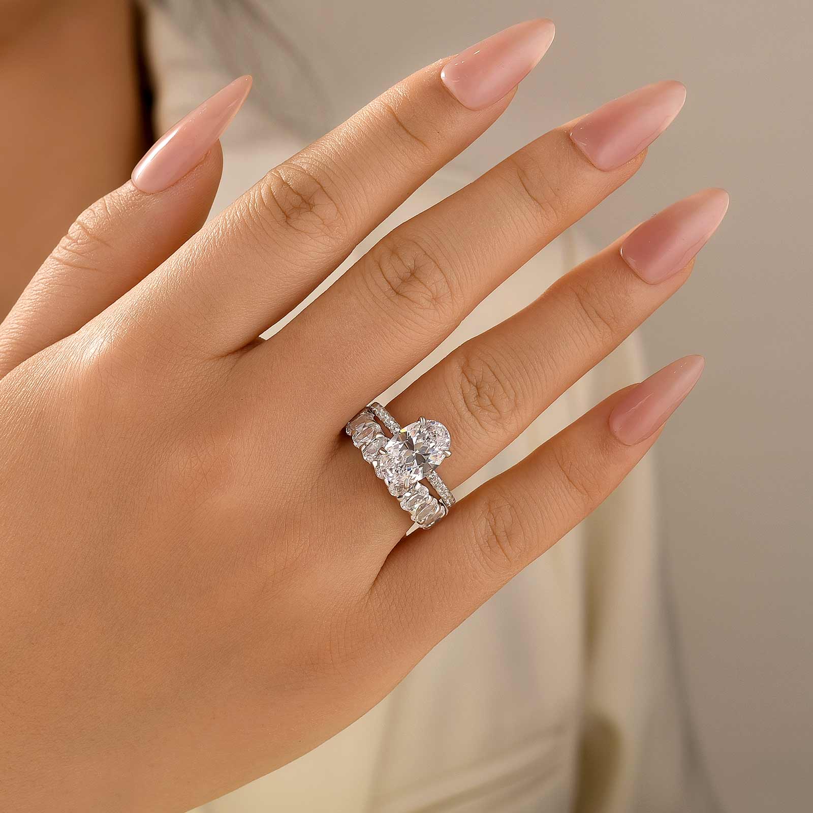 S925 2PC 4.0Ct Oval Cut White Gold Engagement Ring Set with Half Oval Cut Band - louilyjewelry