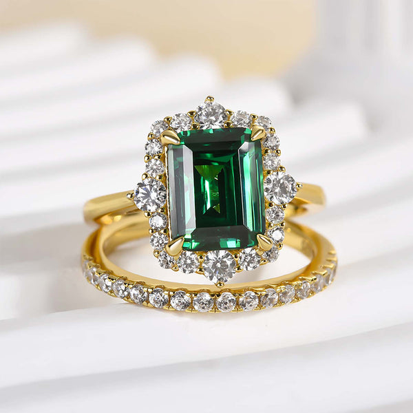 Louily Exclusive Yellow Gold Halo Emerald Cut Wedding Sets In Sterling Silver