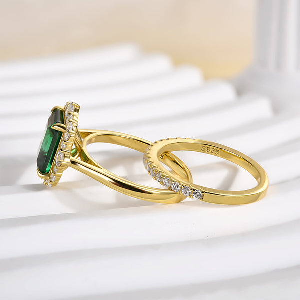 Louily Exclusive Yellow Gold Halo Emerald Cut Wedding Sets In Sterling Silver