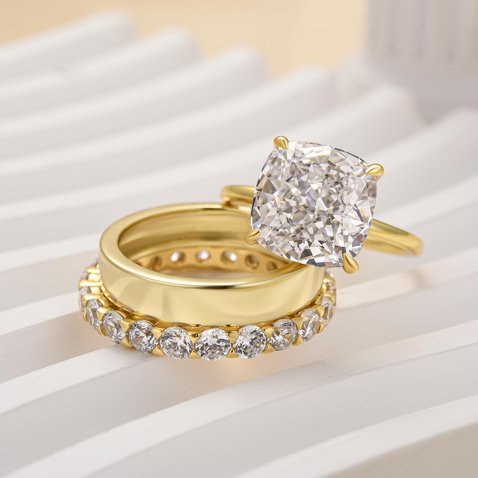 Louily 3PC Yellow Gold 5.0 Carat Cushion Cut Women's Wedding Ring Set With Wide Wedding Band - louilyjewelry