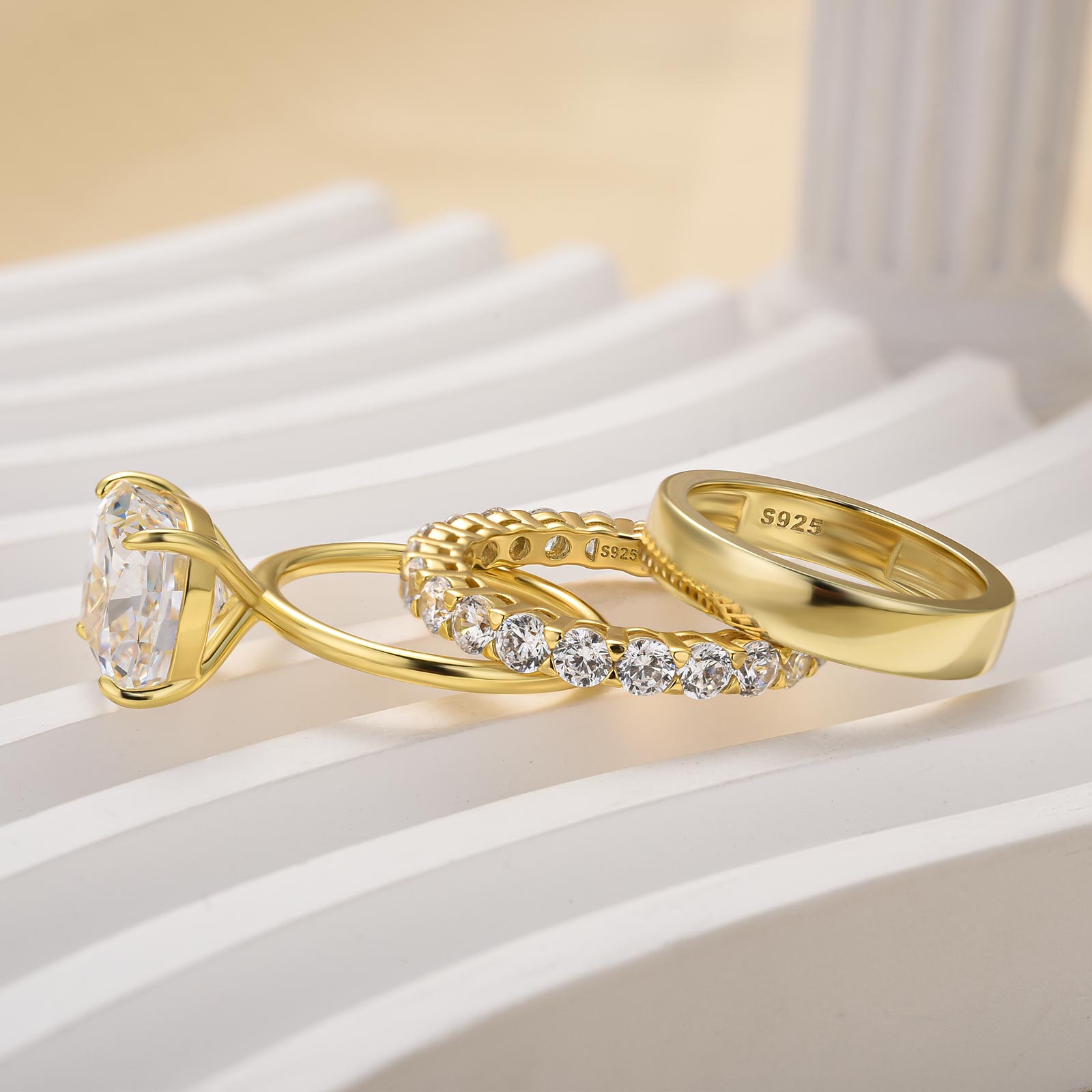 Louily 3PC Yellow Gold 5.0 Carat Cushion Cut Women's Wedding Ring Set With Wide Wedding Band - louilyjewelry