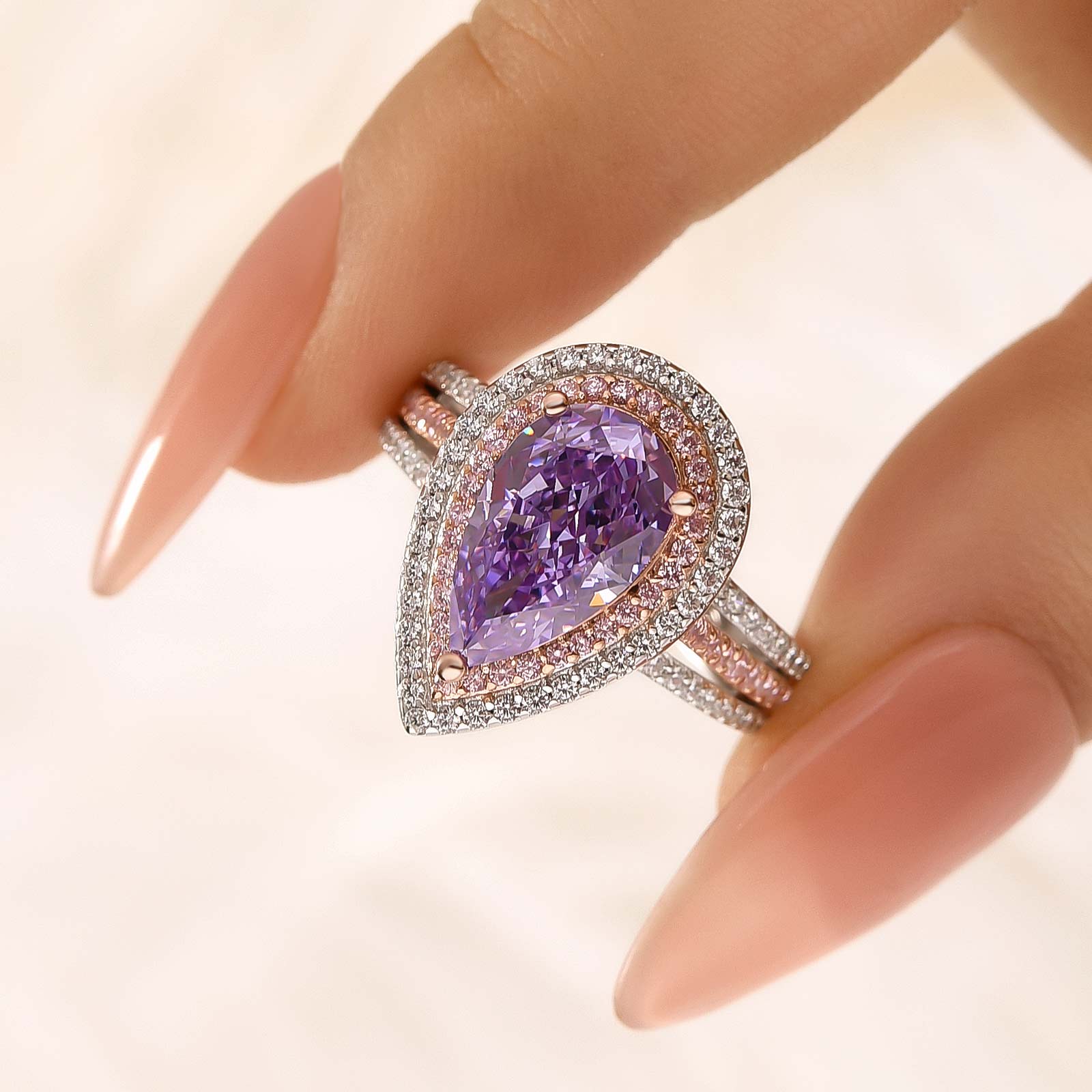 Louily Luxurious Double Halo Pear Cut Aquamarine Blue/Purple Engagement Ring In Sterling Silver - louilyjewelry