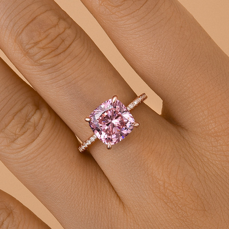 Louily Rose Gold Peachy Pink Stone Cushion Cut Engagement Ring With Double Halo - louilyjewelry