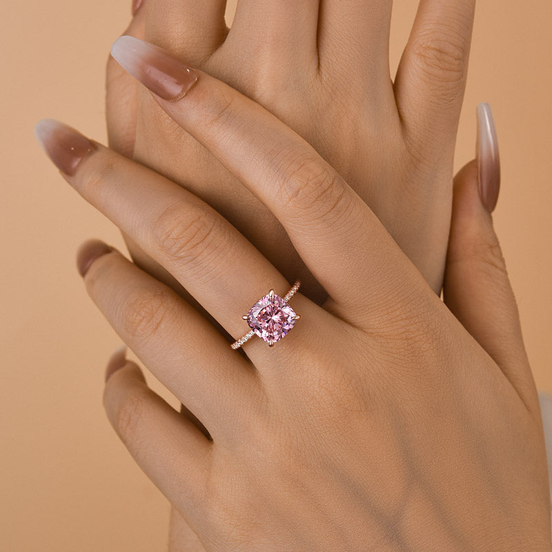 Louily Rose Gold Peachy Pink Stone Cushion Cut Engagement Ring With Double Halo - louilyjewelry