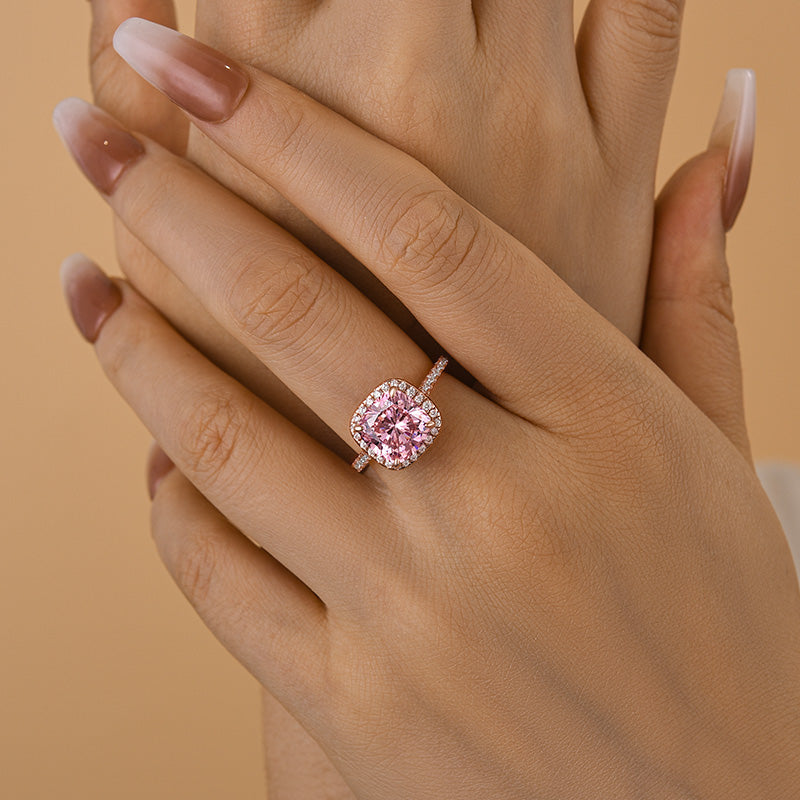 Louily Rose Gold Cushion Cut Synthetic Morganite Halo Engagement Ring - louilyjewelry