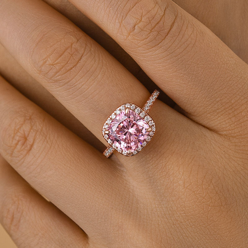 Louily Rose Gold Cushion Cut Synthetic Morganite Halo Engagement Ring - louilyjewelry