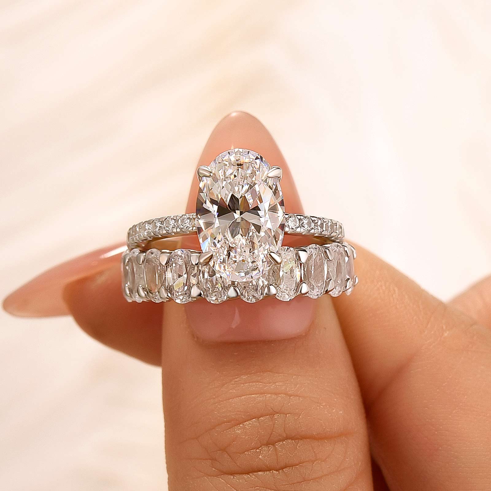 S925 2PC 4.0Ct Oval Cut White Gold Engagement Ring Set with Half Oval Cut Band - louilyjewelry