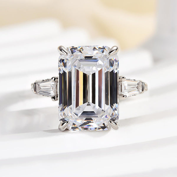 Louily Unique Emerald Cut Three Stone Engagement Ring In Sterling Silver