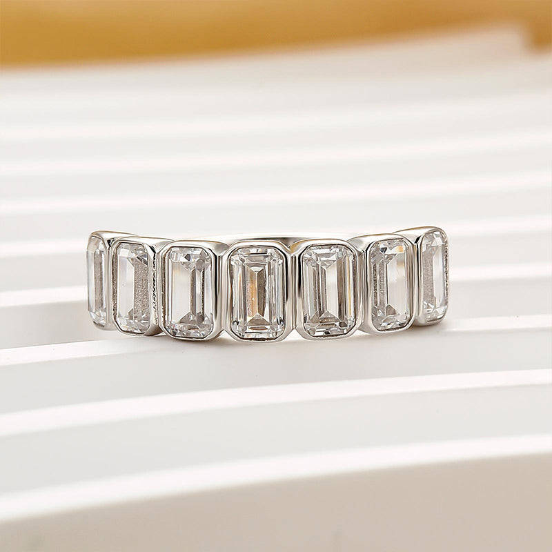 2.8Ct Emerald Cut Bezel Half Wedding Band Travel Ring In Sterling Silver - louilyjewelry