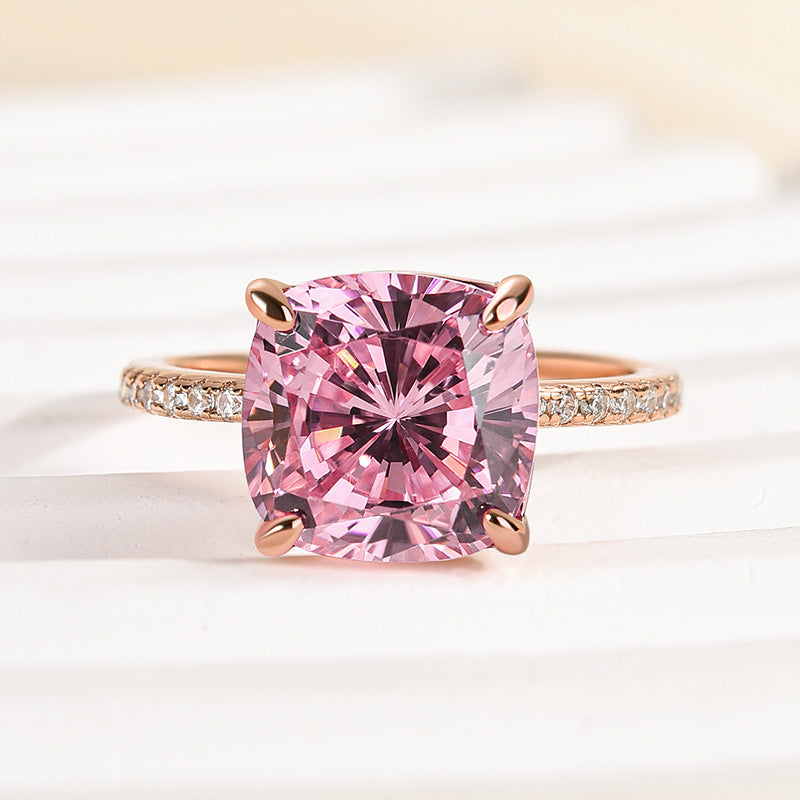 Louily Rose Gold Peachy Pink Stone Cushion Cut Engagement Ring With Double Halo - louilyjewelry
