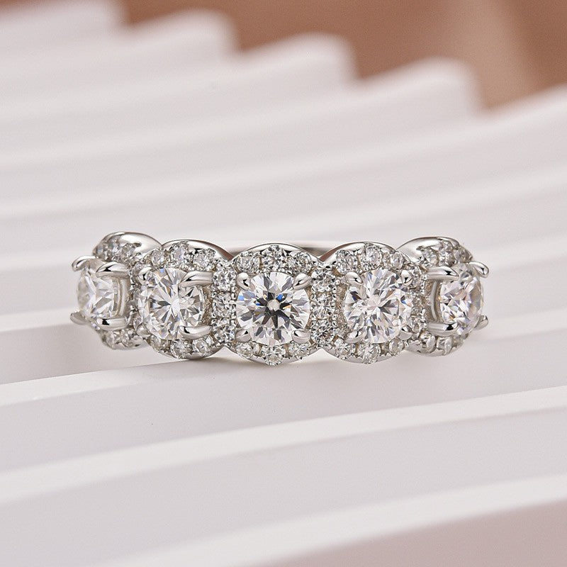 Moissanite Halo Five Stone White Gold Anniversary Ring In Sterling Silver - louilyjewelry