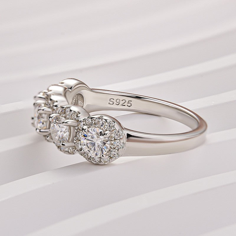 Moissanite Halo Five Stone White Gold Anniversary Ring In Sterling Silver - louilyjewelry