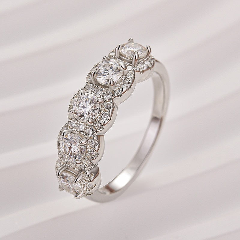 Moissanite Halo Five Stone White Gold Anniversary Ring In Sterling Silver - louilyjewelry