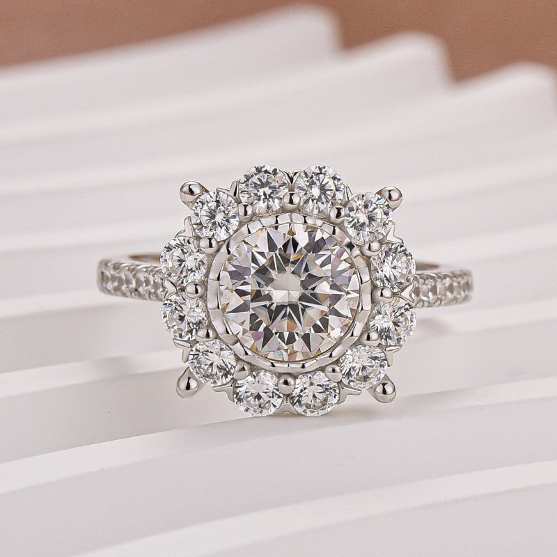 Moissanite 1.2Ct Halo Round Cut White Gold Engagement Ring - louilyjewelry