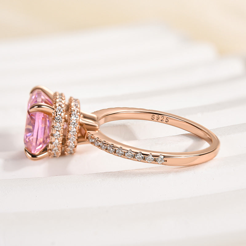 Louily Rose Gold Peachy Pink Stone Cushion Cut Engagement Ring With Double Halo - louilyjewelry