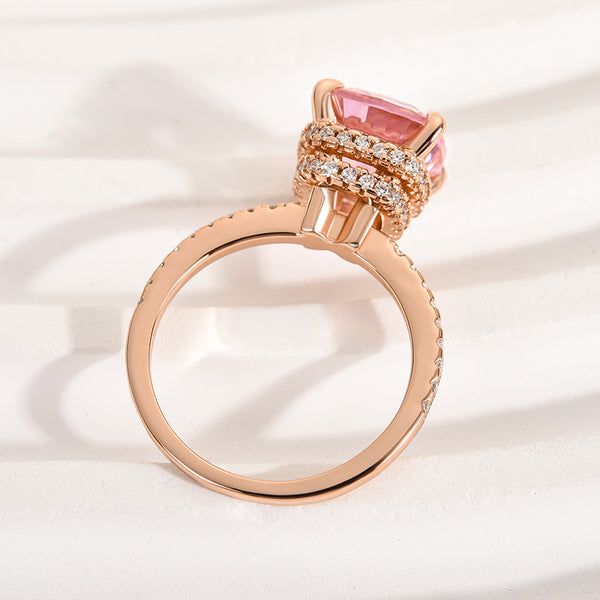 Louily Rose Gold Peachy Pink Stone Cushion Cut Engagement Ring With Double Halo