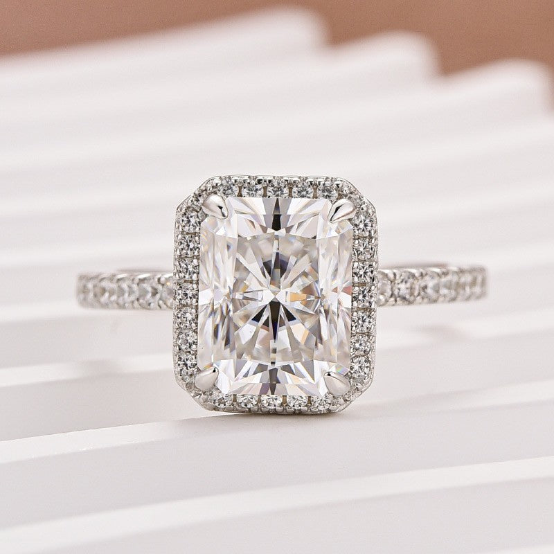 Moissanite 3.0 Ct Halo Radiant Cut White Gold Engagement Ring - louilyjewelry