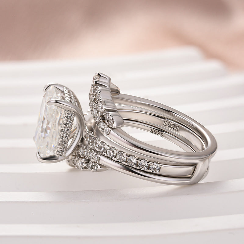 Moissanite 3.5 Ct Radiant Cut Insert Wedding Ring Set With Jacket Stack Wedding Band - louilyjewelry
