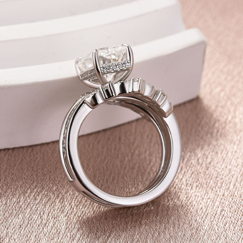 Moissanite 3.5 Ct Radiant Cut Insert Wedding Ring Set With Jacket Stack Wedding Band - louilyjewelry
