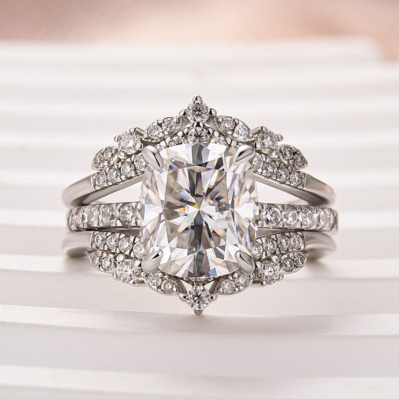 Moissanite 3.0 Ct Cushion Cut Insert Wedding Ring Set With Jacket Stack Wedding Band - louilyjewelry