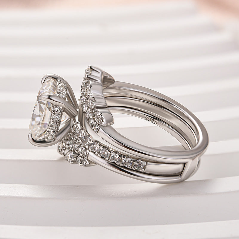 Moissanite 3.0 Ct Cushion Cut Insert Wedding Ring Set With Jacket Stack Wedding Band - louilyjewelry