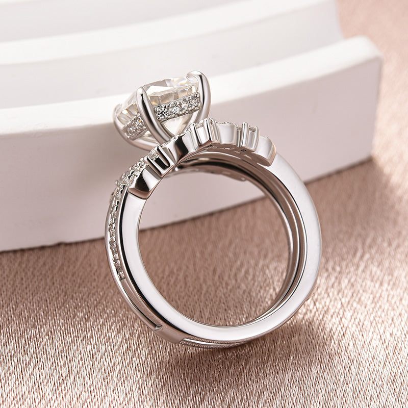 Moissanite 3.0 Ct Cushion Cut Insert Wedding Ring Set With Jacket Stack Wedding Band - louilyjewelry