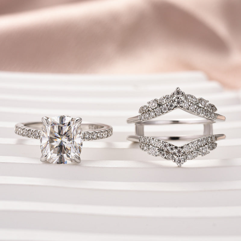 Moissanite 3.0 Ct Cushion Cut Insert Wedding Ring Set With Jacket Stack Wedding Band - louilyjewelry