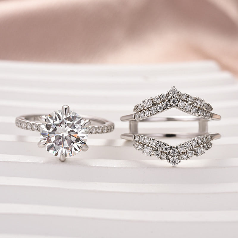 Moissanite 3.0 Ct Round Cut Insert Wedding Ring Set With Jacket Stack Wedding Band - louilyjewelry