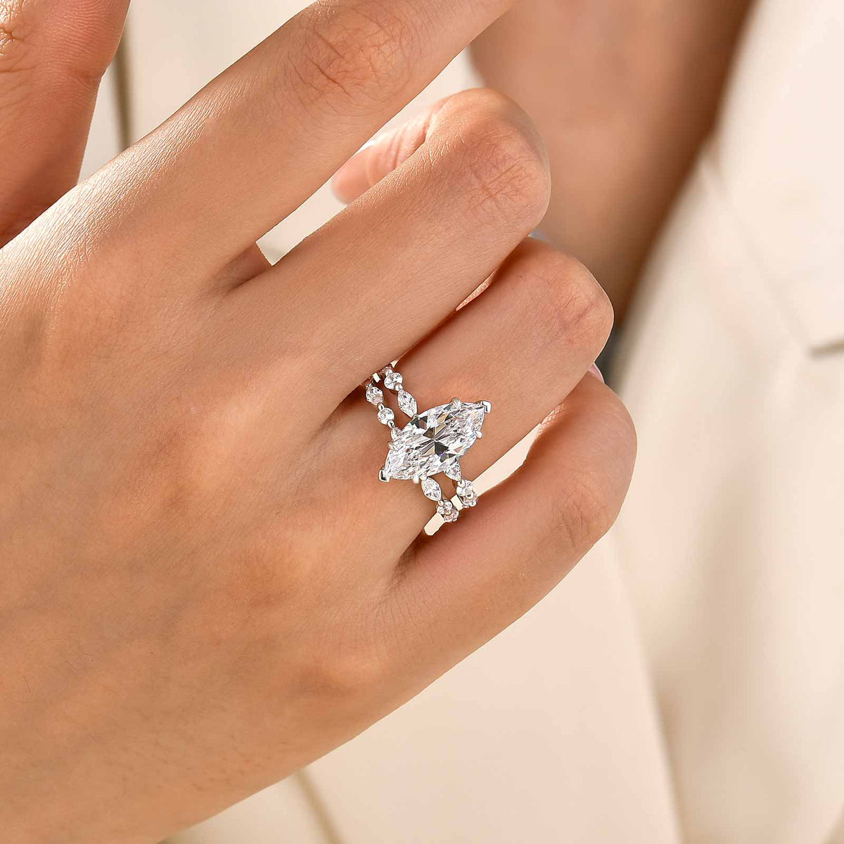 S925 3.0Ct Marquise Cut Engagement Ring & Matching Wedding Band Stackable Ring Sets in Sterling Silver