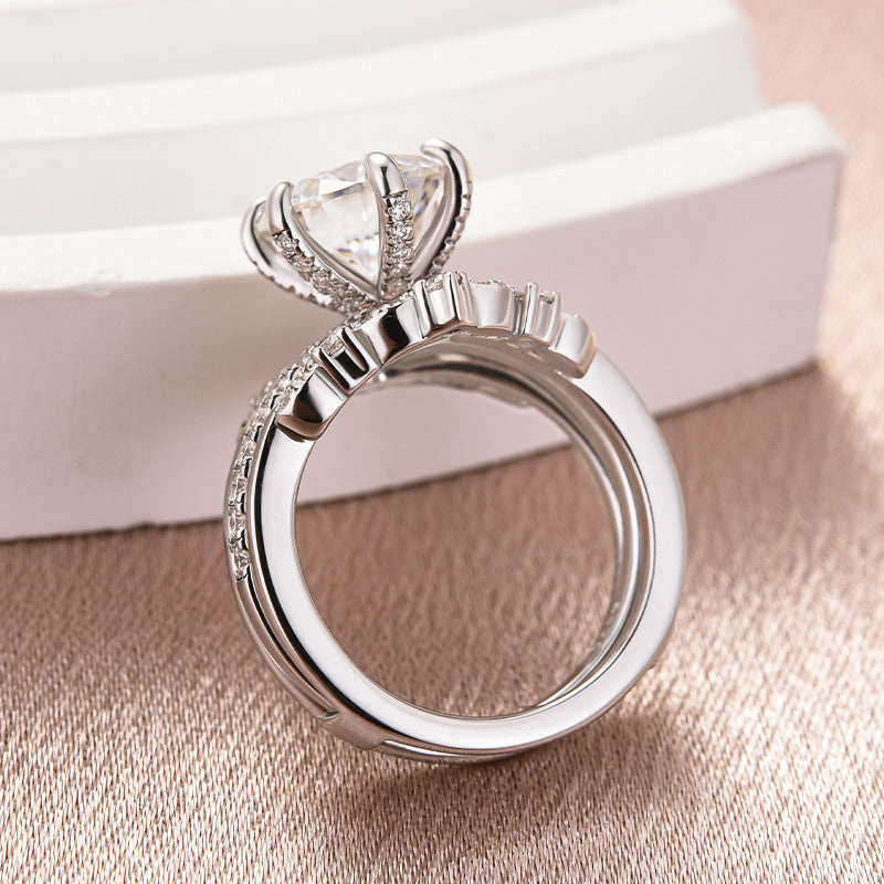 Moissanite 3.0 Ct Round Cut Insert Wedding Ring Set With Jacket Stack Wedding Band - louilyjewelry