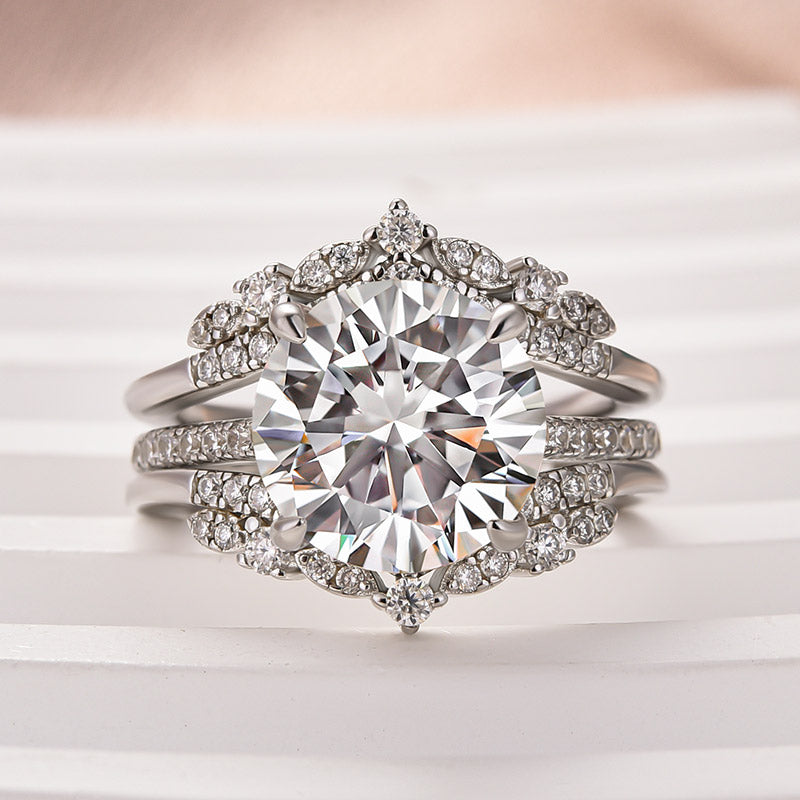 Moissanite 4.0 Ct Round Cut Insert Wedding Ring Set With Jacket Stack Wedding Band - louilyjewelry
