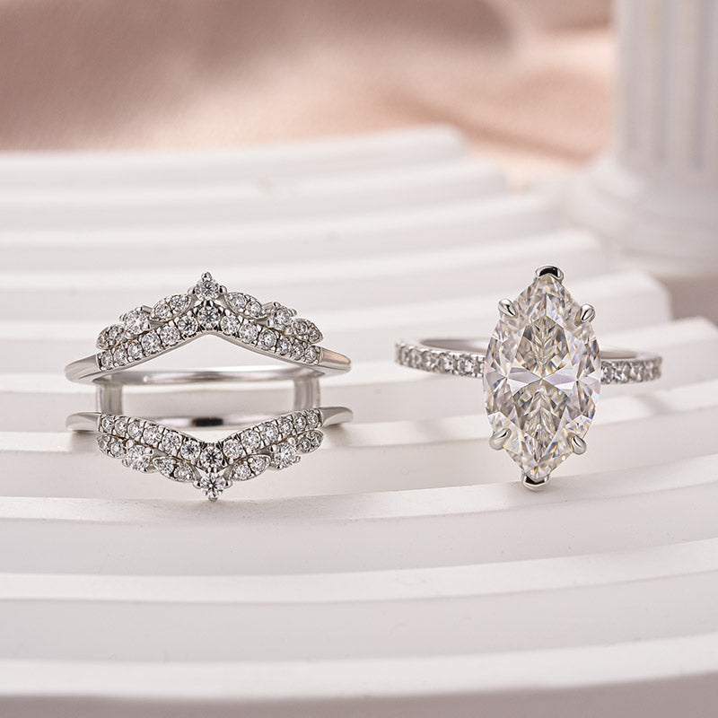 Moissanite 4.0 Ct Marquise Cut Insert Wedding Ring Set With Jacket Stack Wedding Band - louilyjewelry