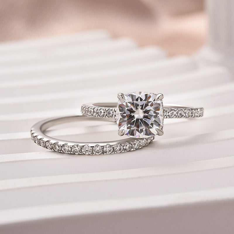 Moissanite 2.0 Ct Square Cushion Wedding Ring Set With Half Halo Wedding Band - louilyjewelry