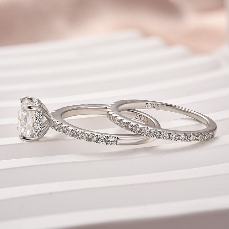 Moissanite 2.0 Ct Square Cushion Wedding Ring Set With Half Halo Wedding Band - louilyjewelry