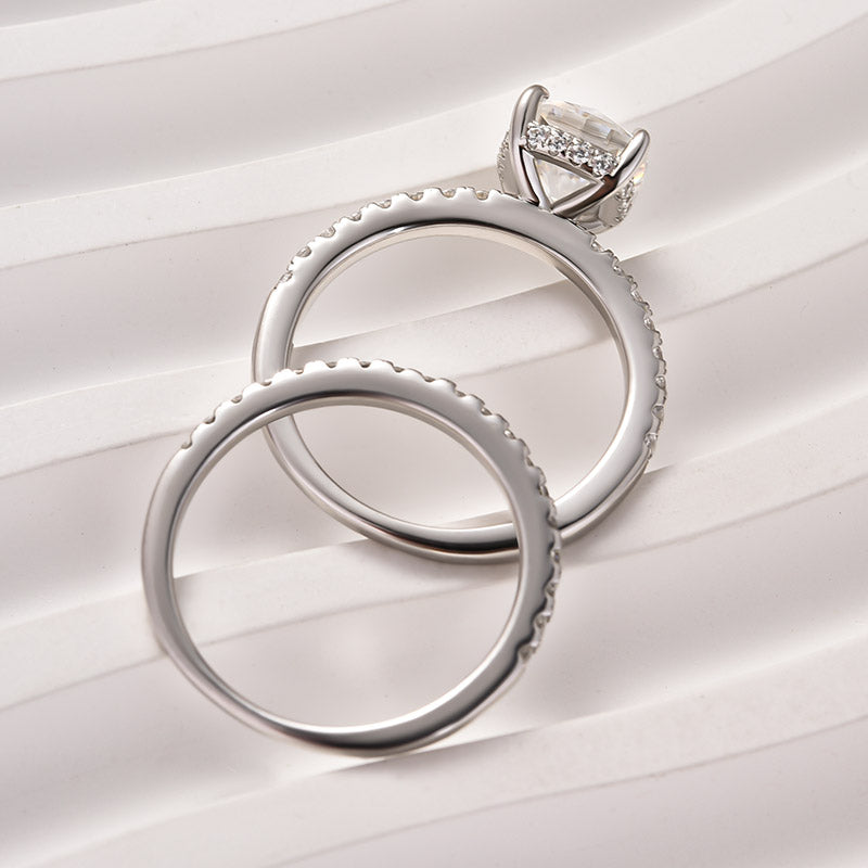 Moissanite 2.0 Ct Square Cushion Wedding Ring Set With Half Halo Wedding Band - louilyjewelry