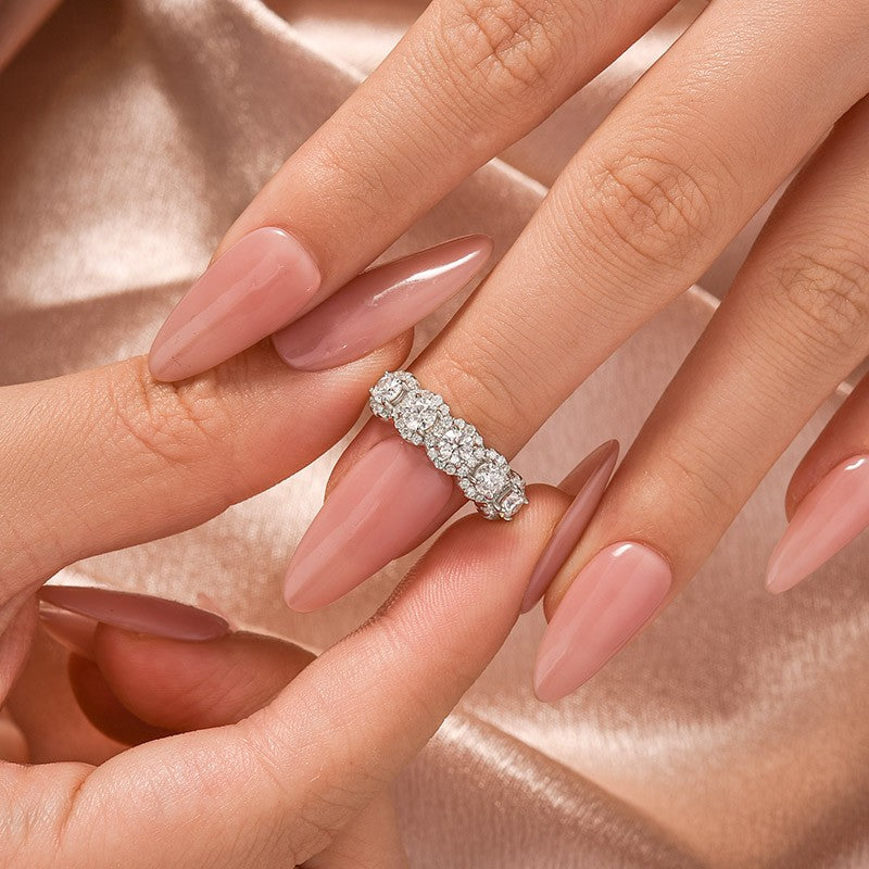 Moissanite Halo Five Stone White Gold Anniversary Ring In Sterling Silver - louilyjewelry