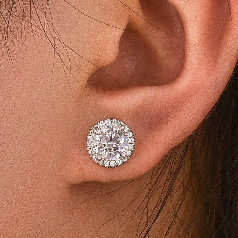 2.0 CTW Halo Round Cut Stud Earrings In Sterling Silver