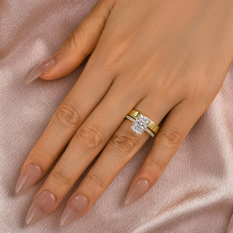 Moissanite 3.5 Ct Radiant Cut Yellow Gold Wedding Ring Set with Wide Wedding Band - louilyjewelry