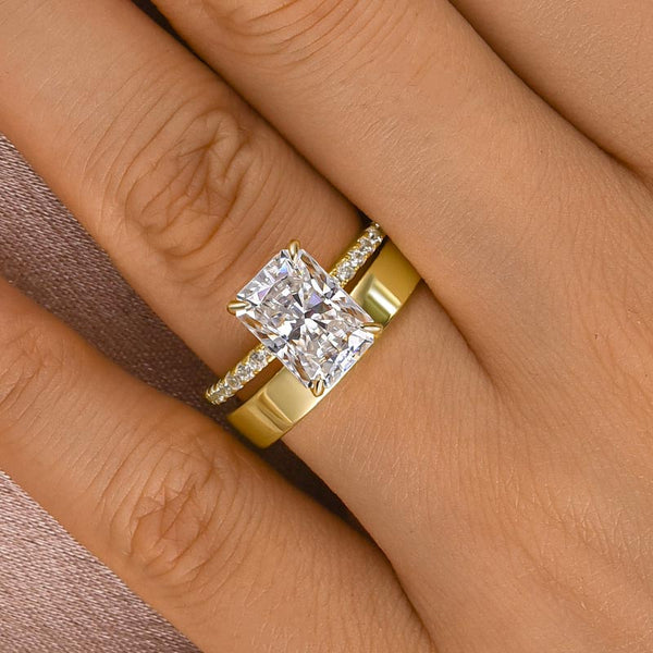 Louily Classic Moissanite 3.5 Ct Radiant Cut Yellow Gold Wedding Ring Set with Wide Wedding Band