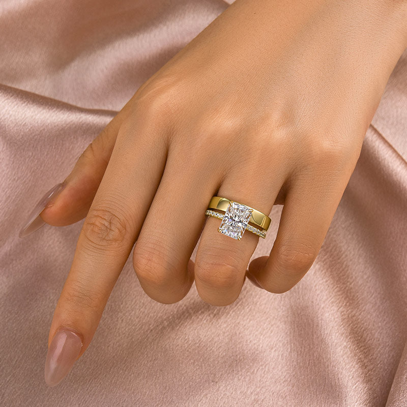 Moissanite 3.5 Ct Radiant Cut Yellow Gold Wedding Ring Set with Wide Wedding Band - louilyjewelry