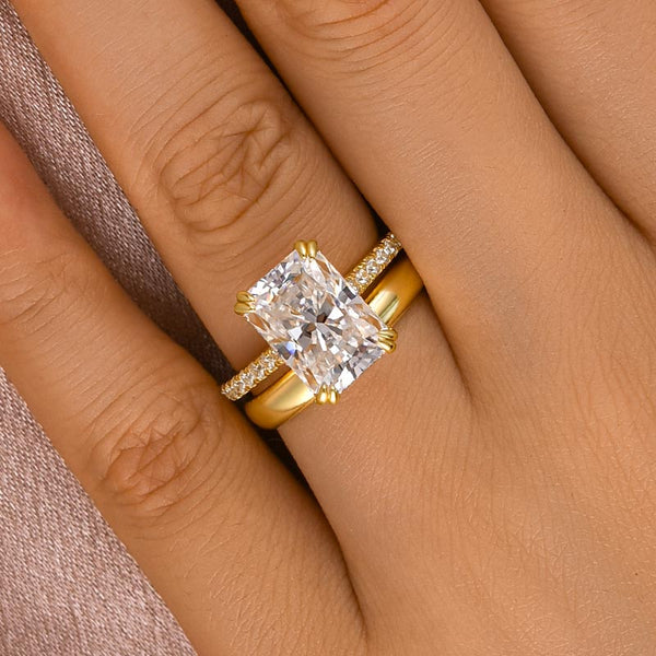 Louily Classic Moissanite 4.5 Ct Radiant Cut Yellow Gold Wedding Ring Set with Wide Band